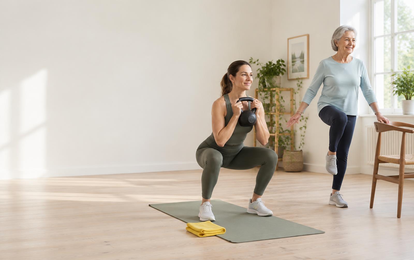 Styrka med kettlebell och balansträning med stöd av en stol hemma